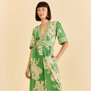 NWT: Farm Rio Green Lace Monsteras Jumpsuit